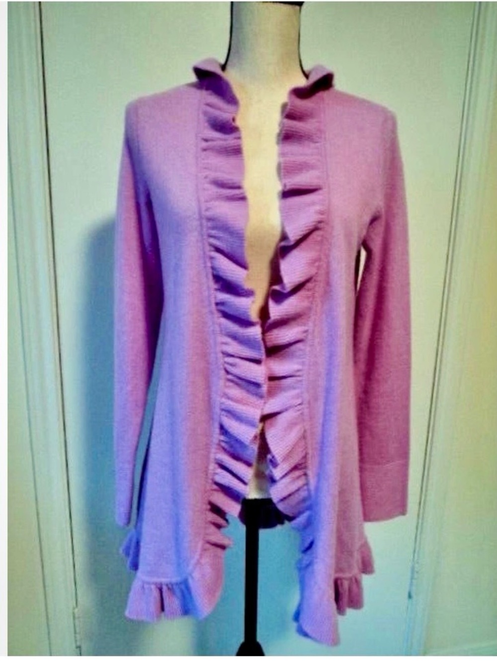 Magaschoni 100% Cashmere Lavender Ruffle Open Cardigan